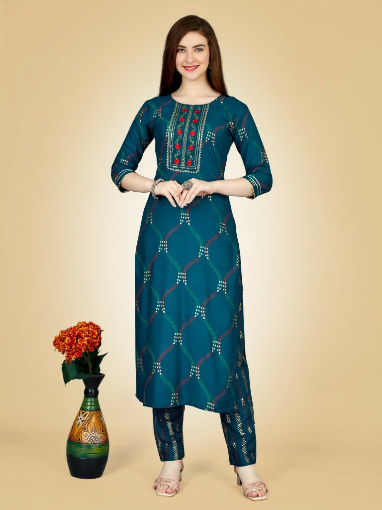 Jyoti Fashion Women's Teal Viscose Rayon Embroidered Kurta Pant Set | Swadesiicart