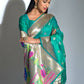 Vishnu Weaves Women's Teal Paithani Silk Zari Woven Saree with Unstitched Blouse - Swadesiicart