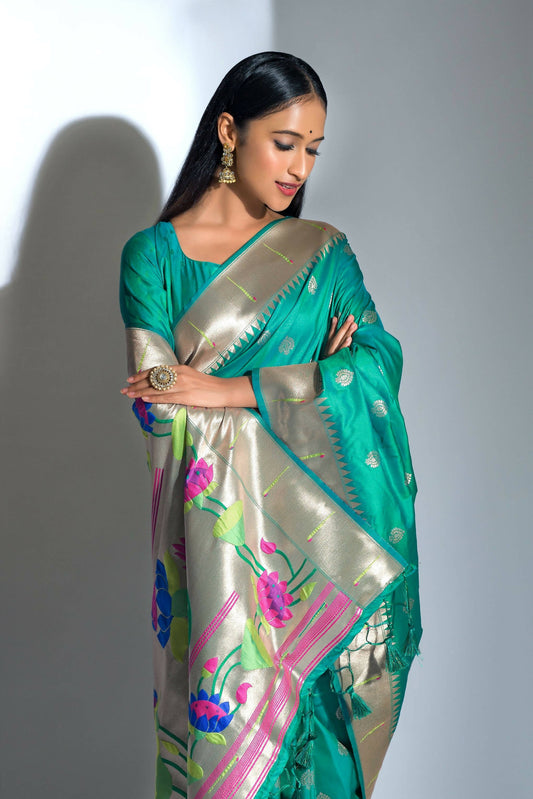Vishnu Weaves Women's Teal Paithani Silk Zari Woven Saree with Unstitched Blouse - Swadesiicart