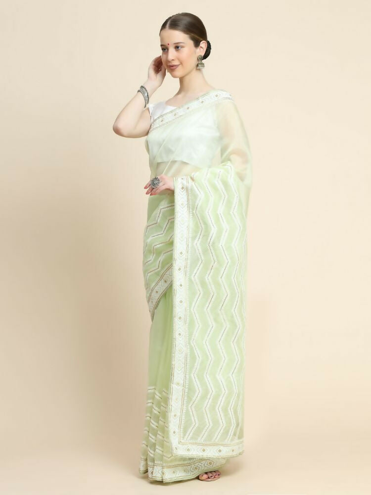 Vamsee Banno Lehriya Pista Green Organza Saree - Swadesiicart