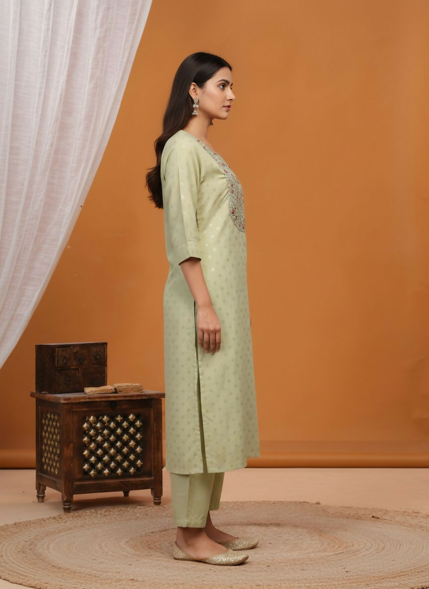 BulBul Pista Green Silk Kurta Set with Floral Embroidered Yoke - Swadesiicart