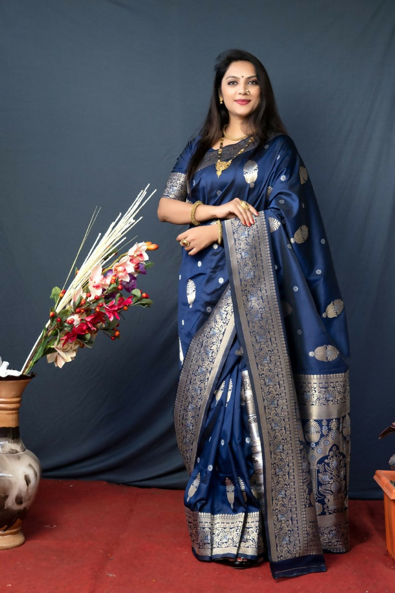 Jyoti Fashion Women's Navy Blue Paithani Silk Zari Woven Saree with Blouse | Swadesiicart