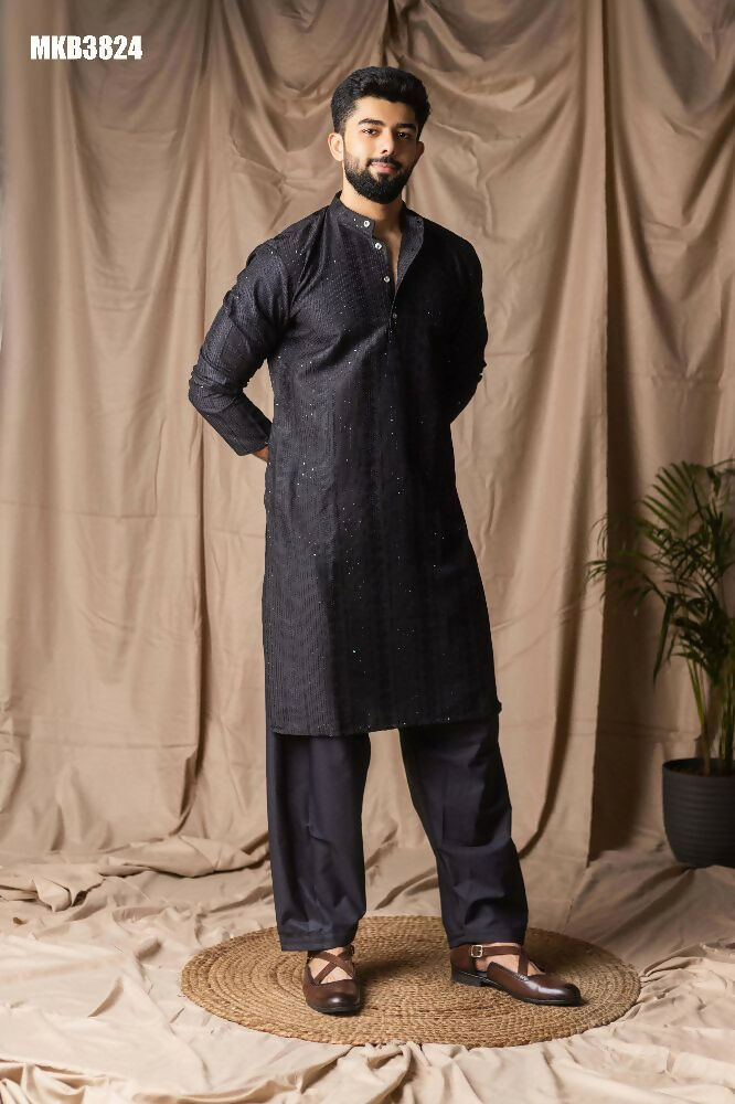 Black Rayon Thread Embroidery Work Kurta Set - Mahotsav