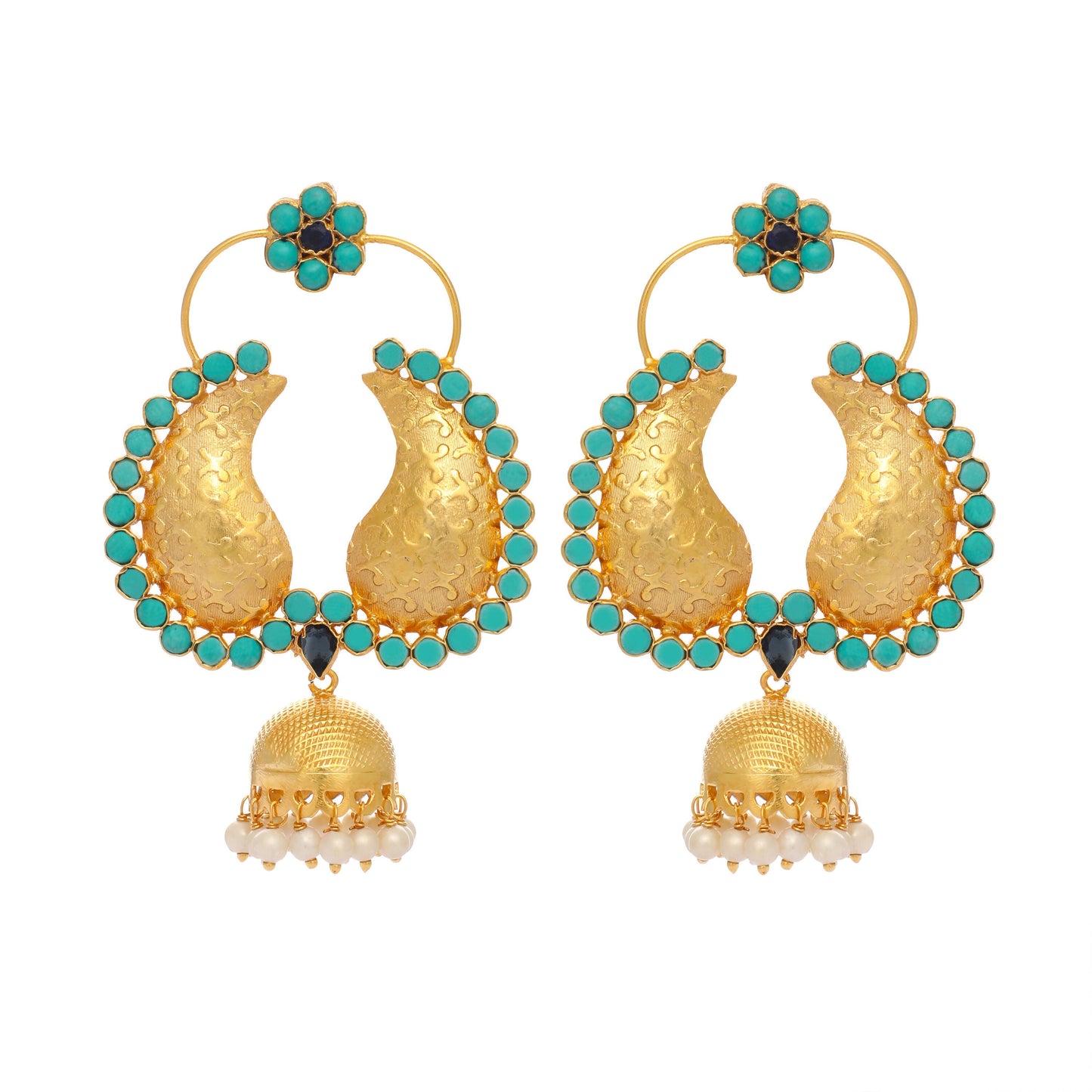 Nuyug 22K Gold Plated Turquoise Stone Studded Contemporary Mini Jhumki Dangler Earrings | Swadesiicart