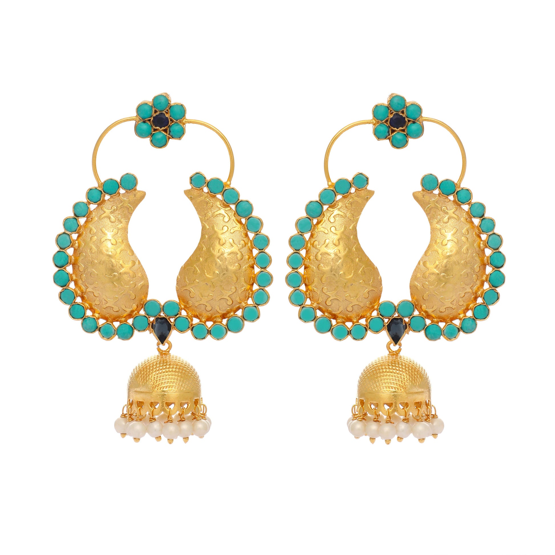 Nuyug 22K Gold Plated Turquoise Stone Studded Contemporary Mini Jhumki Dangler Earrings | Swadesiicart
