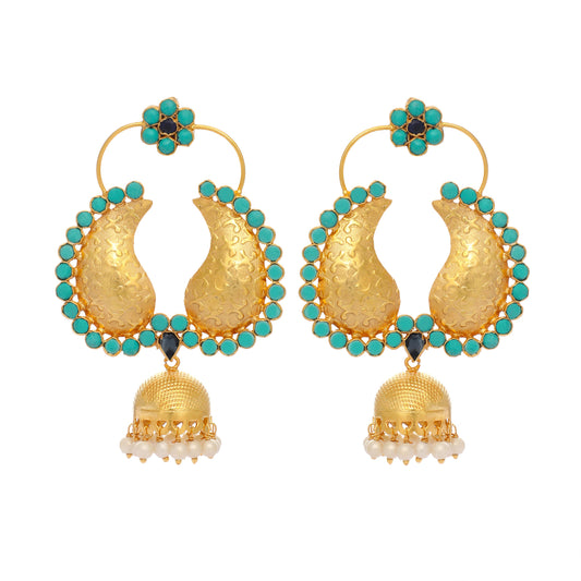 Nuyug 22K Gold Plated Turquoise Stone Studded Contemporary Mini Jhumki Dangler Earrings | Swadesiicart