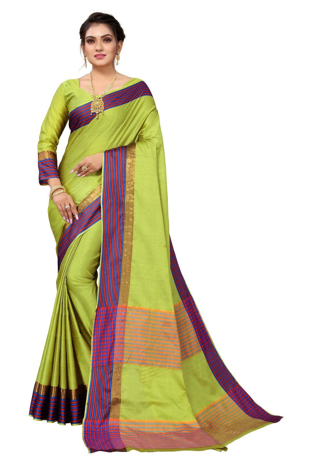 Vamika Ethnic Fire Parrot Green Cotton Silk Saree | Swadesiicart