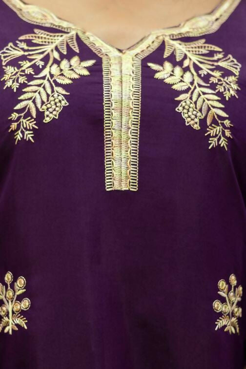 The52 Wine Women's Beautiful Viscose Chanderi Fabric Thread Work Straight Kurta Pant and Dupatta Set - Swadesiicart