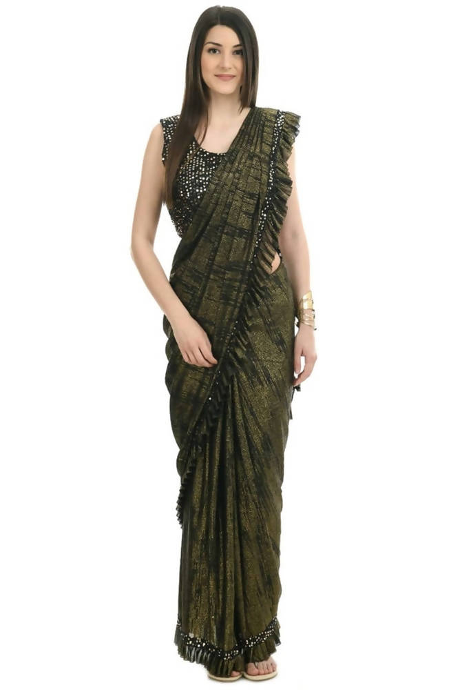Mominos Fashion All Season Wear Olive Green And Black Ruffled Ready To Wear Saree - Swadesiicart