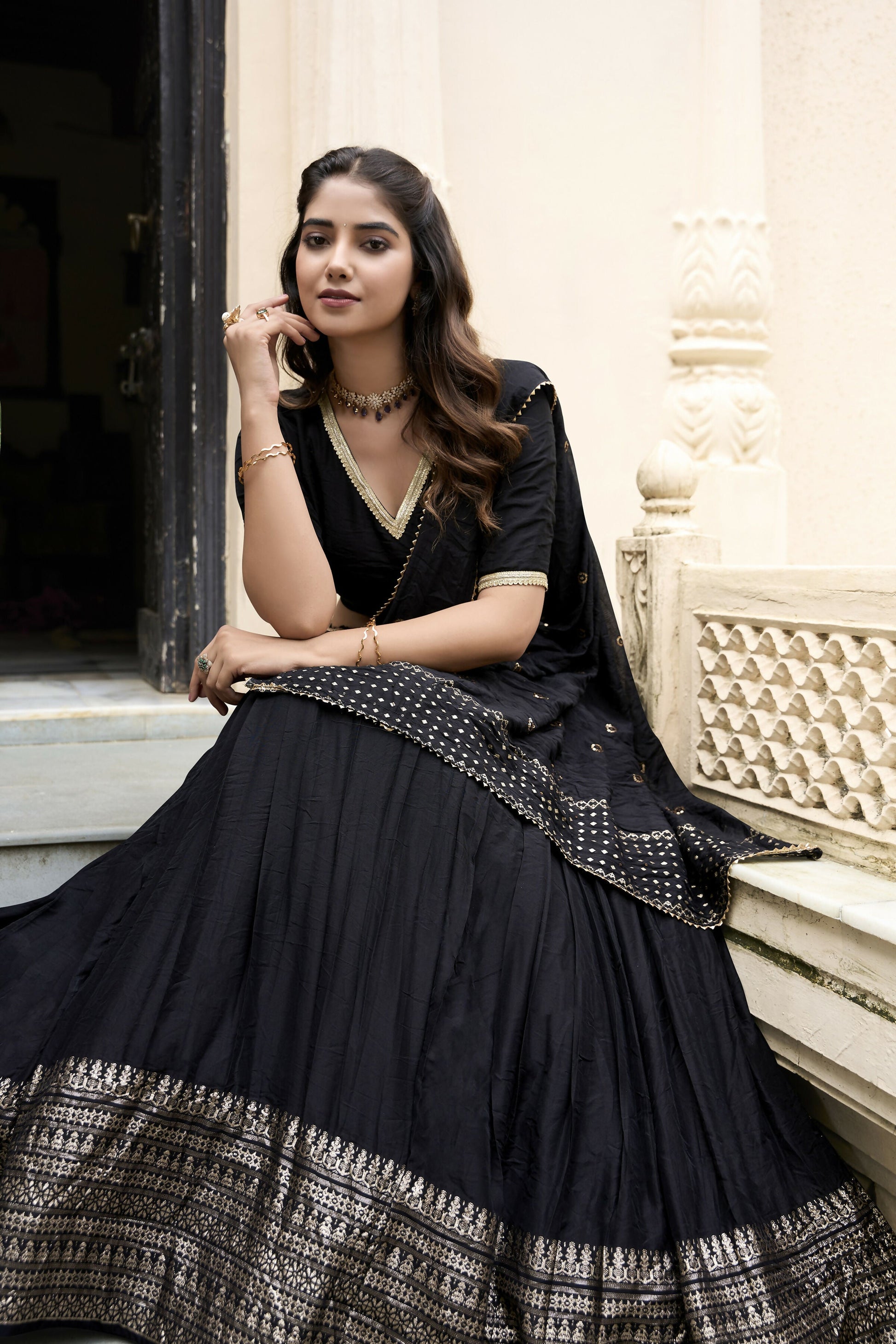 Lorenvalley Black Pure Chanderi Plain With Zari Weaving Work Border Lehenga Choli | Swadesiicart
