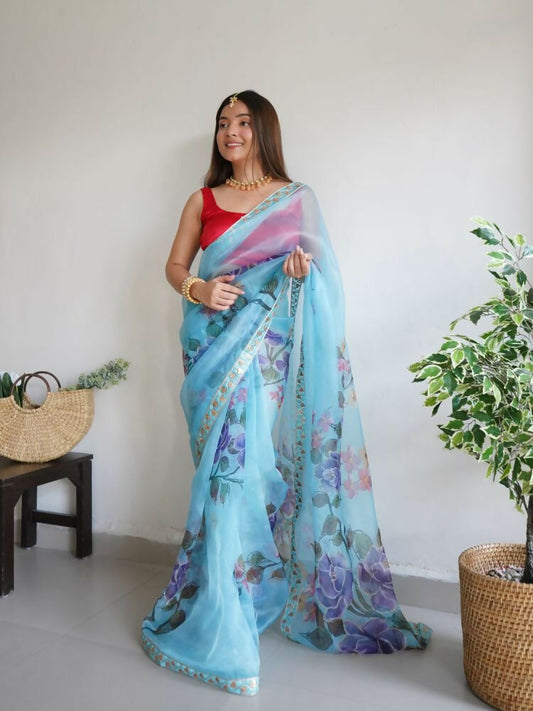 Vamsee Nilam Sky Organza Saree - Swadesiicart