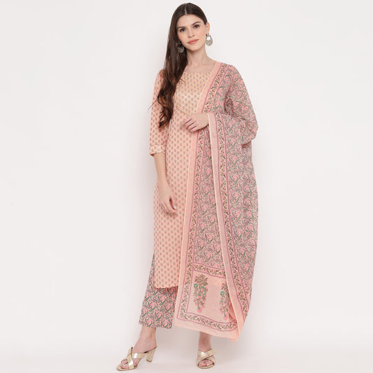 NOZ2TOZ Women's Foil Print & Gota Patti Work Straight Cotton Peach Kurta, Pant & Dupatta - Noz2Toz
