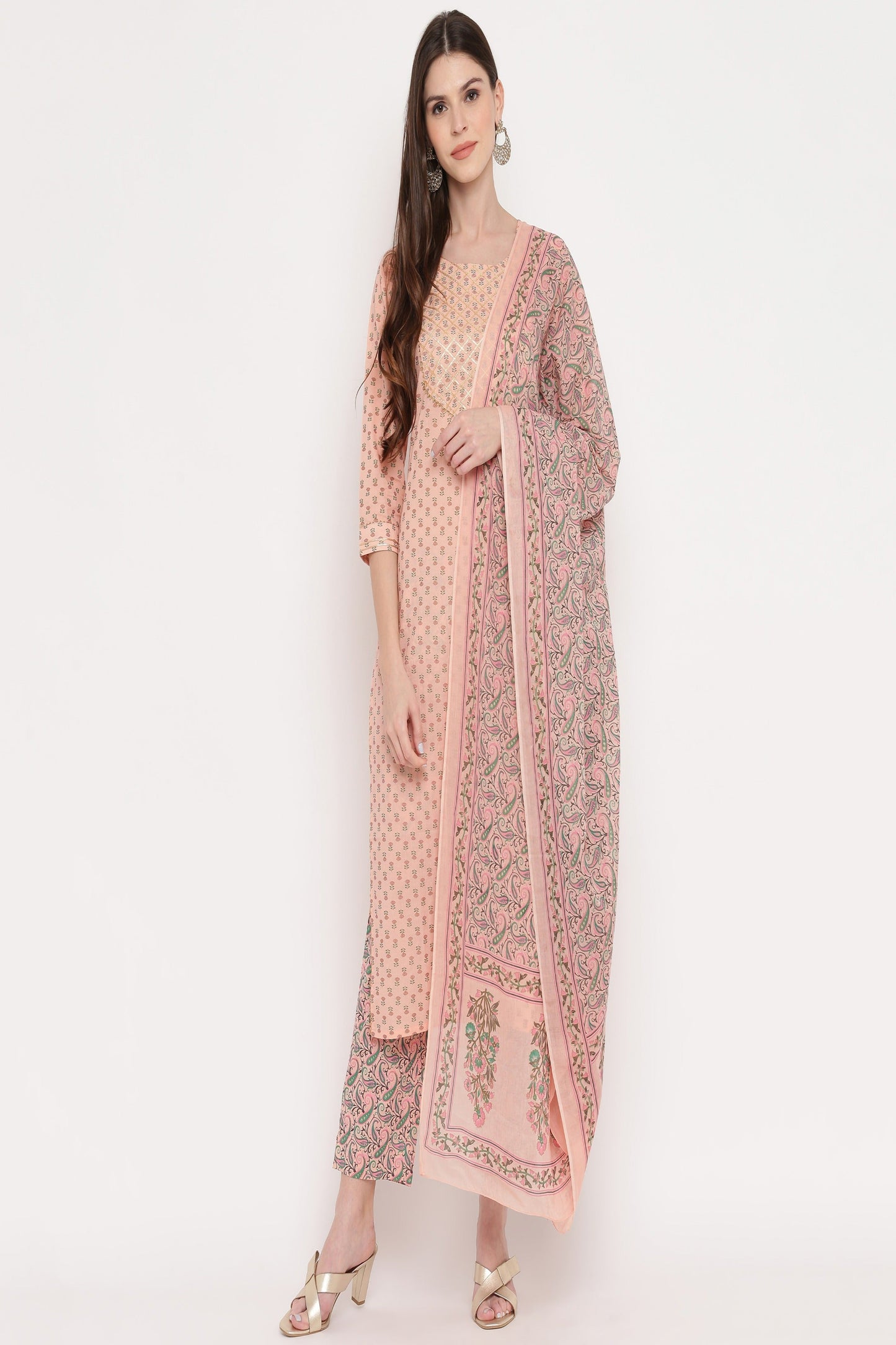 NOZ2TOZ Women's Foil Print & Gota Patti Work Straight Cotton Peach Kurta, Pant & Dupatta - Swadesiicart