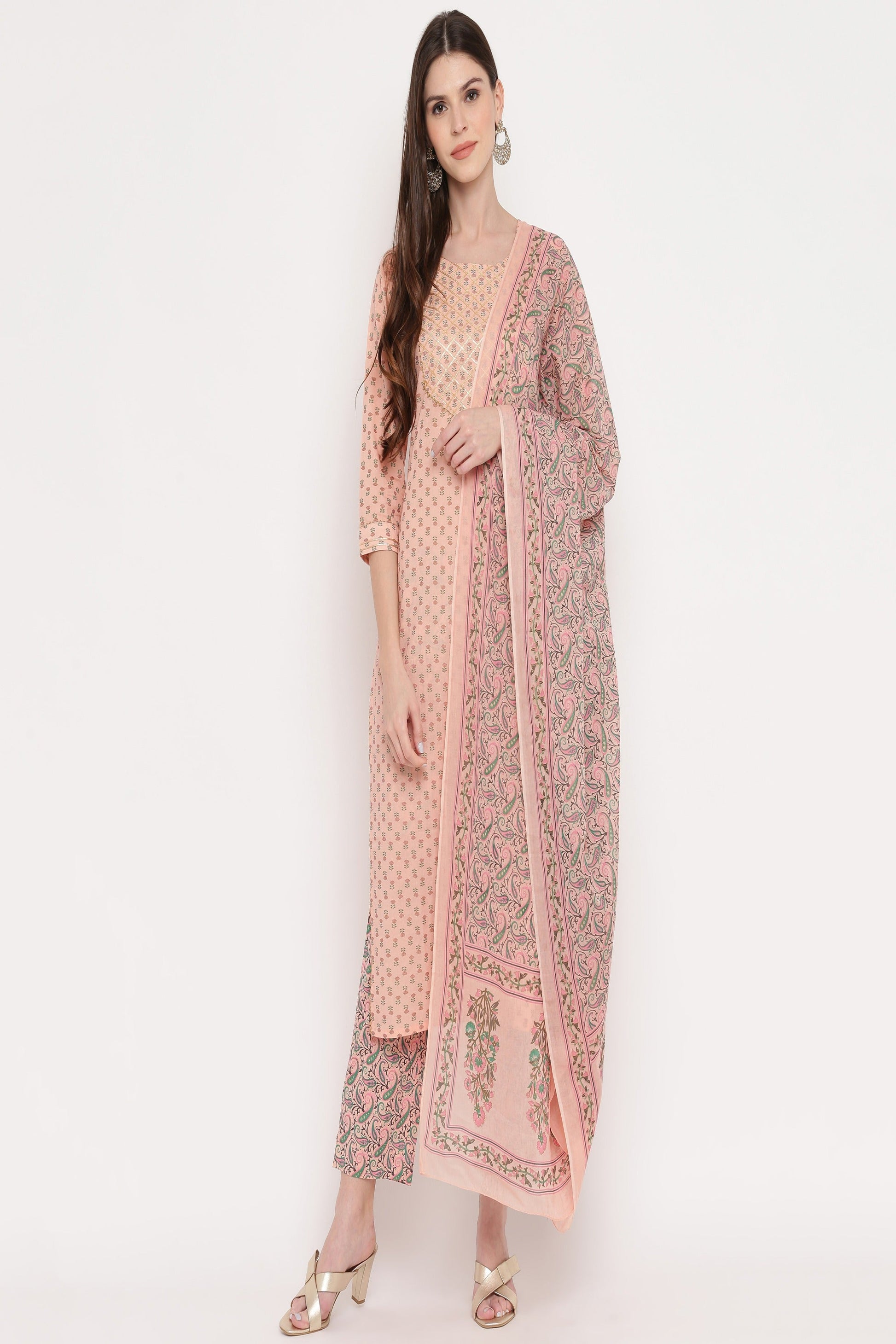 NOZ2TOZ Women's Foil Print & Gota Patti Work Straight Cotton Peach Kurta, Pant & Dupatta - Swadesiicart