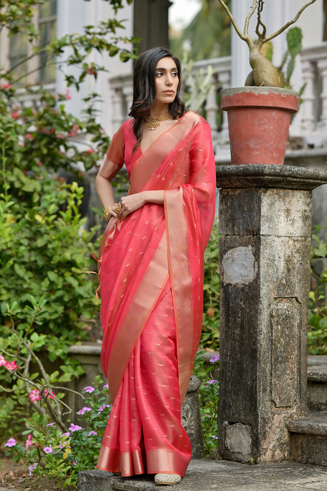 Vishnu Weaves Women's Gajri Soft Tissue Silk Zari Woven Saree with Blouse - Swadesiicart