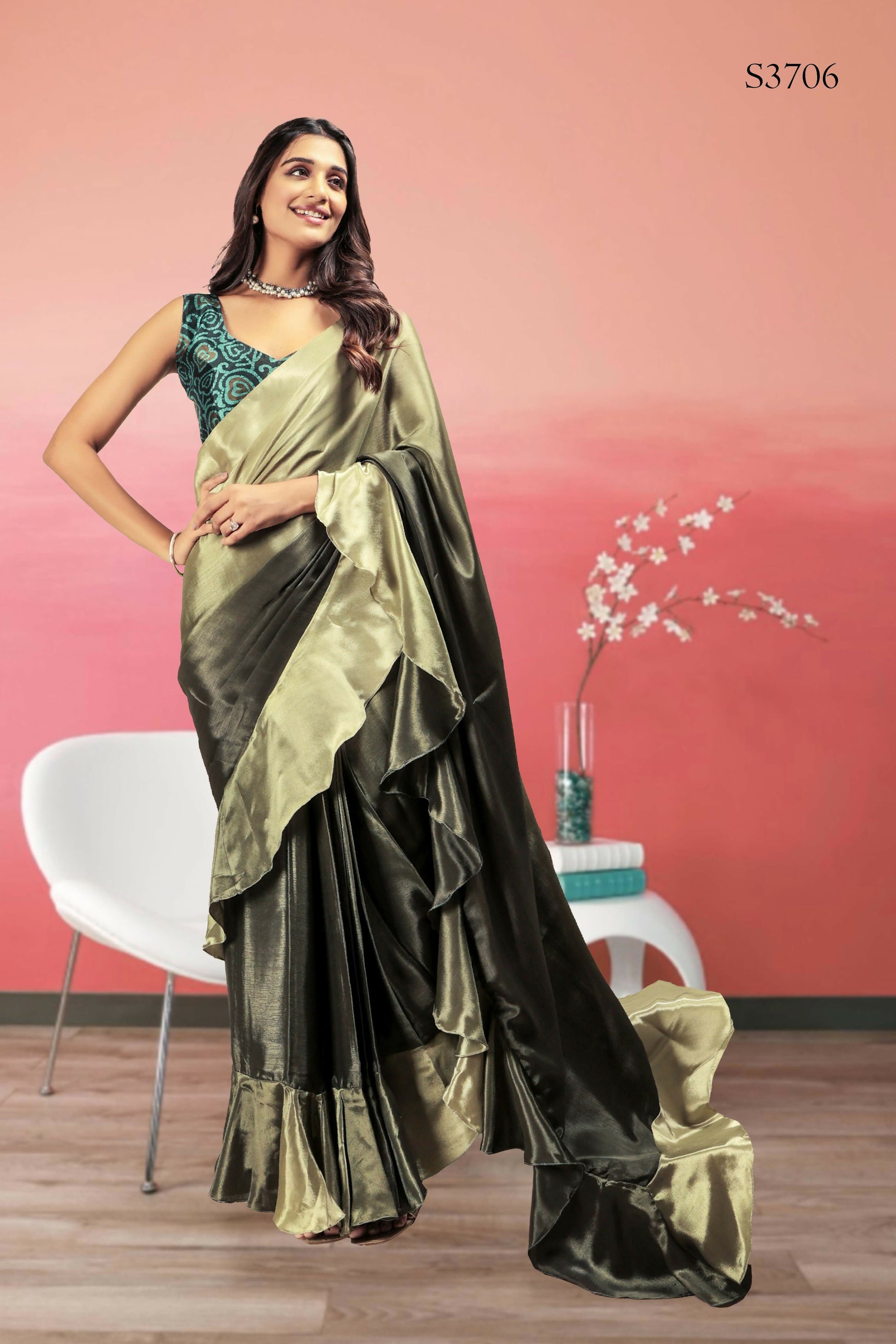 Green Satin Solid Designer, Printed Party Wear Ready To Wear Saree - Nasreen | Swadesiicart