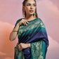 Vishnu Weaves Women's Navy-Blue Soft Silk Zari Woven Saree with Blouse - Swadesiicart