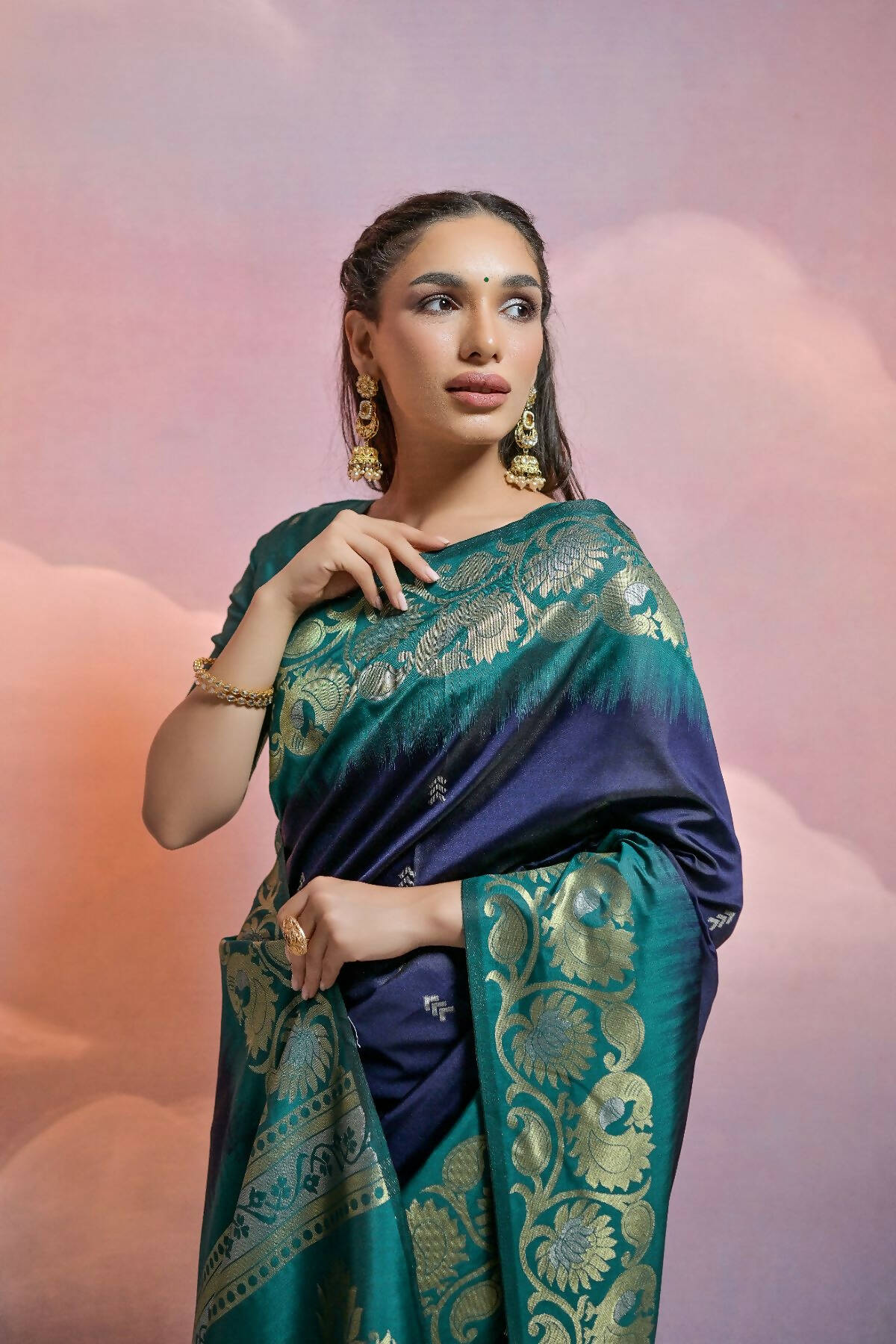 Vishnu Weaves Women's Navy-Blue Soft Silk Zari Woven Saree with Blouse - Swadesiicart