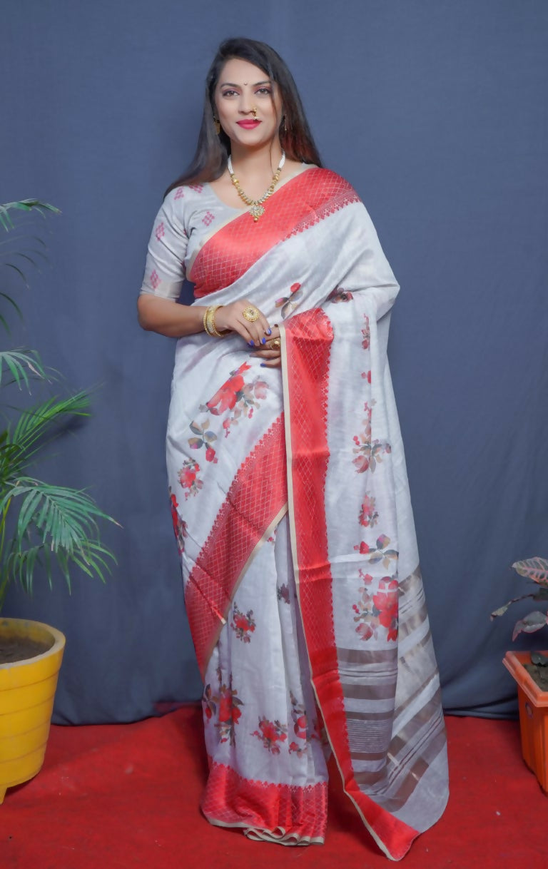 Jyoti Fashion Women's Maroon Linen Silk Digital Print with Jacquard Woven Border Saree with Blouse | Swadesiicart