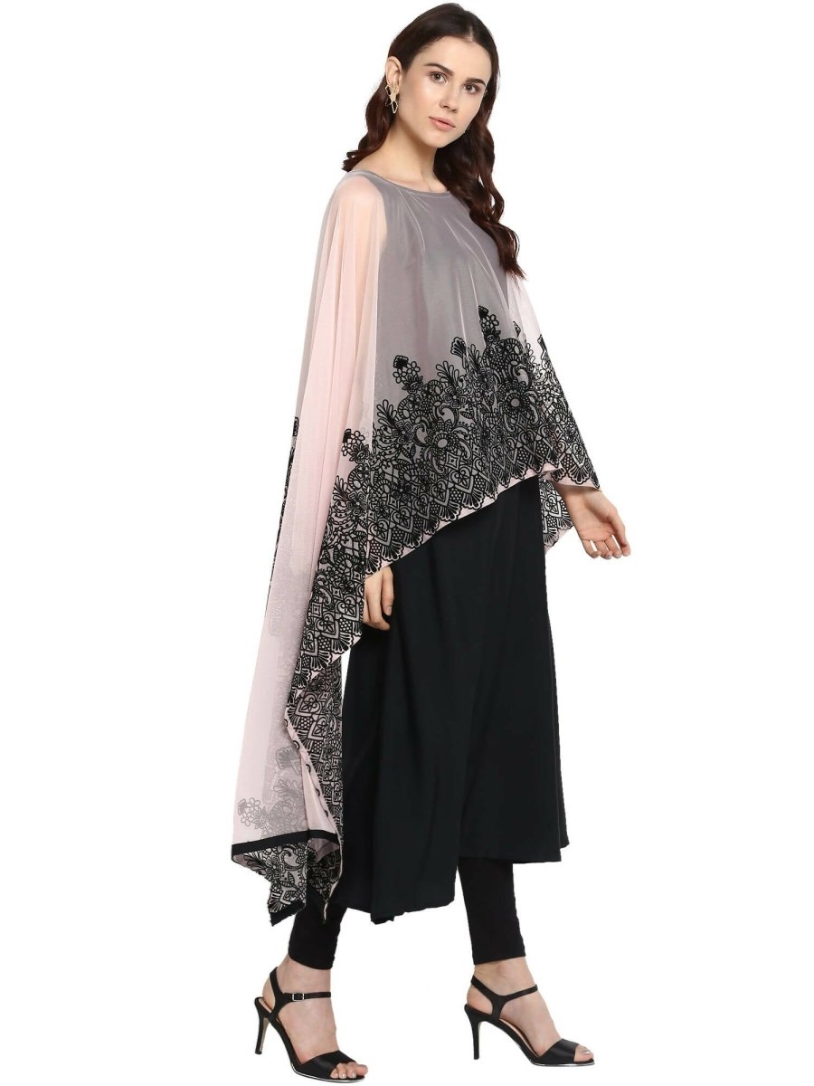 Ahalyaa Women's Beautiful Black Crepe Printed Kurta with Attached Dupatta | Swadesiicart