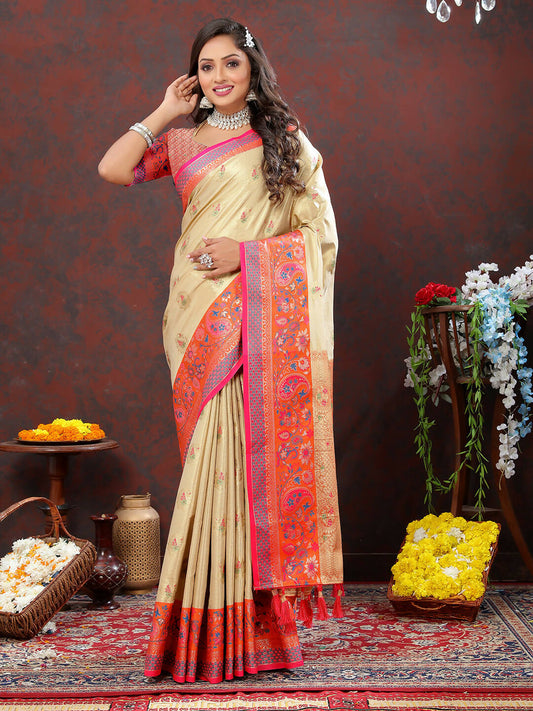 Lorenvalley Fashion Cream Kanjivaram Silk Woven Design with Zari Weaving Saree - Swadesiicart