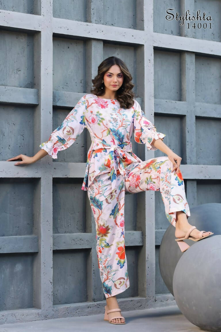 Women's Partywear Designer White & Multi Muslin co-ord set - Stylishta - Swadesiicart