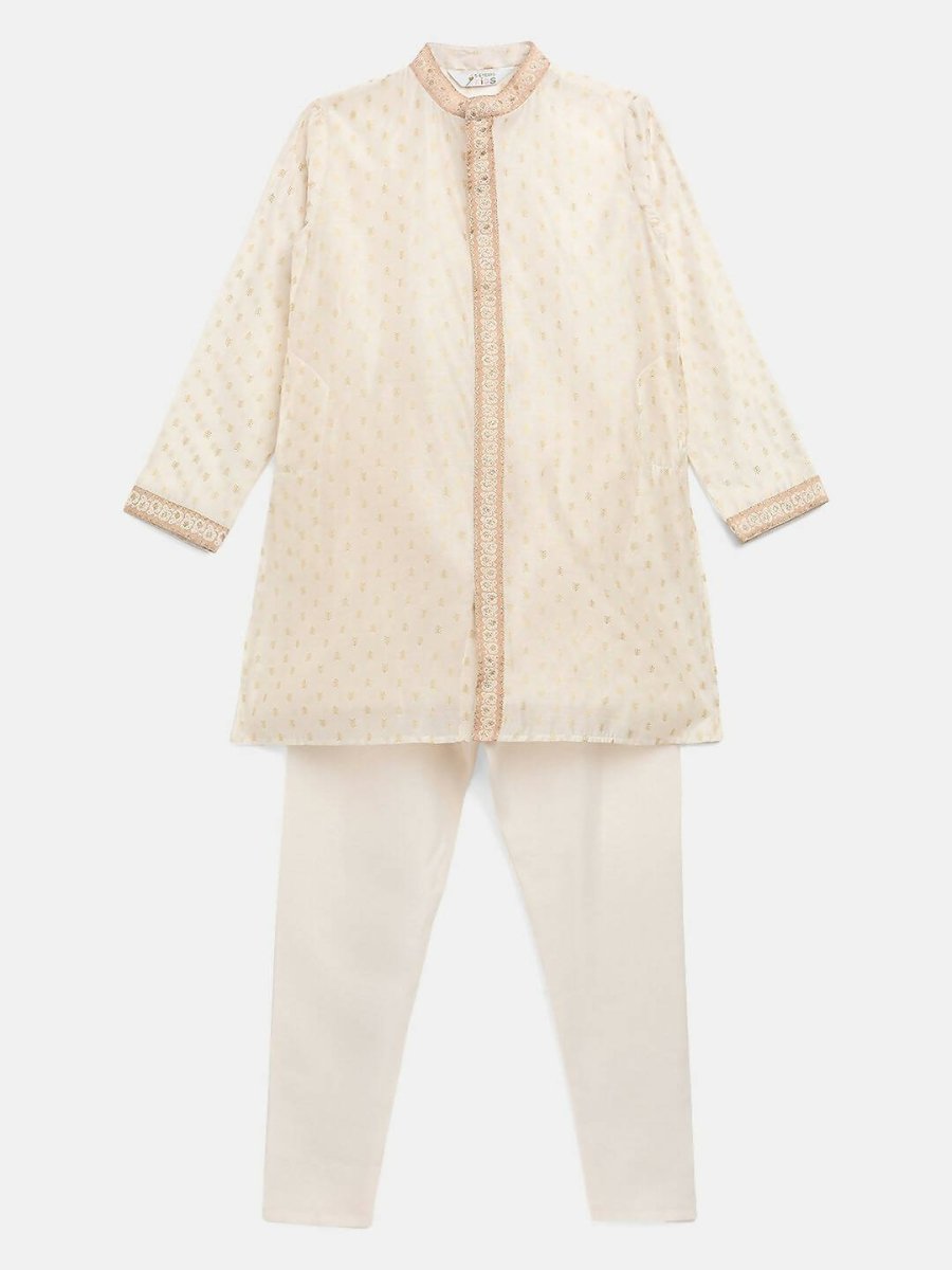 Ahalyaa Cream Chanderi Gold Print Kids Kurta Churidar Set For Boys | Swadesiicart