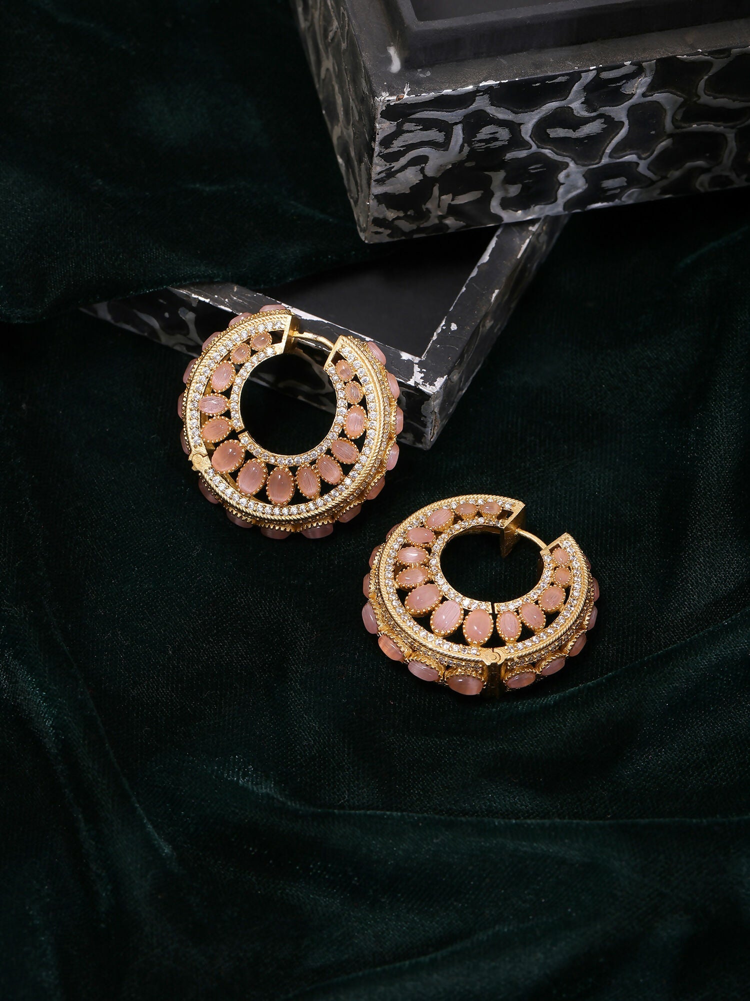 Ruby Raang Gold Polished Peach Round Kundan Loops | Swadesiicart