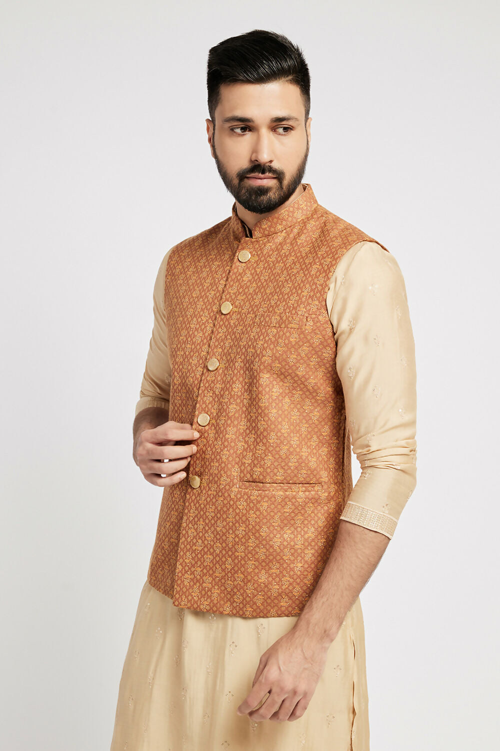 Ethnic India Brown Bundi Men's Jacket Abstract Blended | Swadesiicart