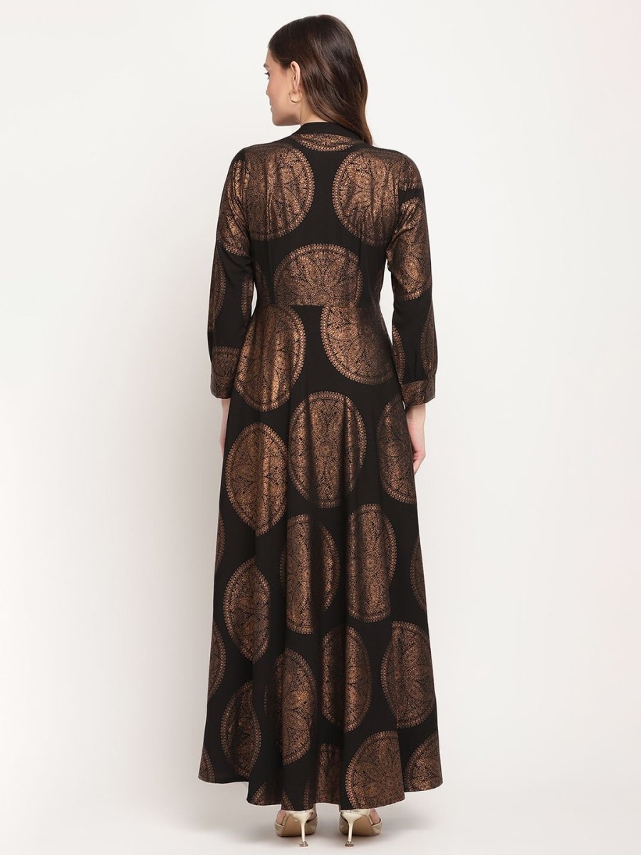 Ahalyaa Women Black Crepe Copper Foil Print Dress | Swadesiicart