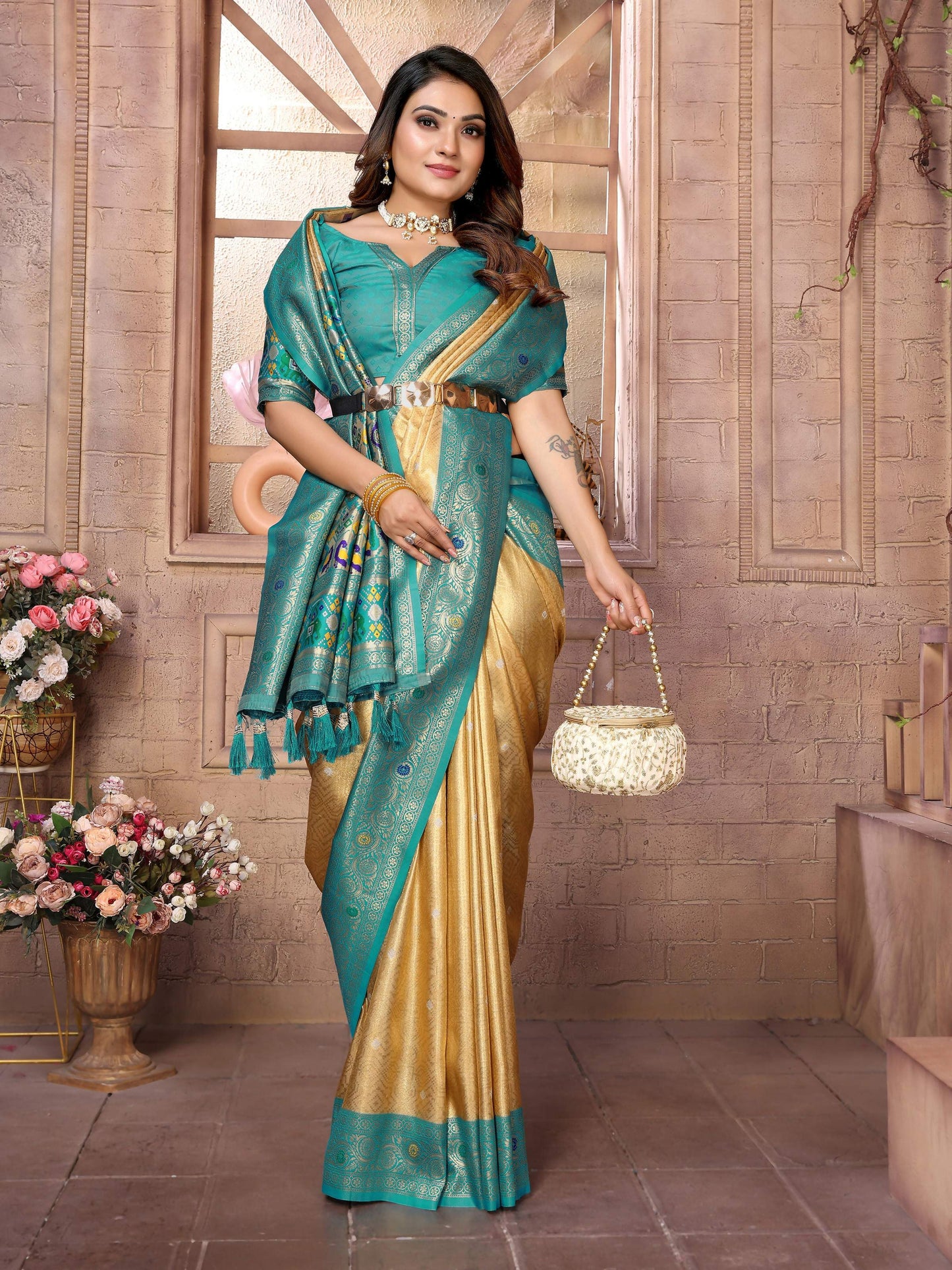 Aastha Fashion Gold Banarasi Tissue Silk Weaving Saree