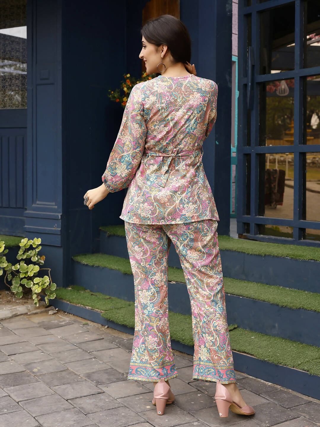 Pink Rayon Paisley & Floral Printed Top with Matching Bottom - Eesha - Swadesiicart