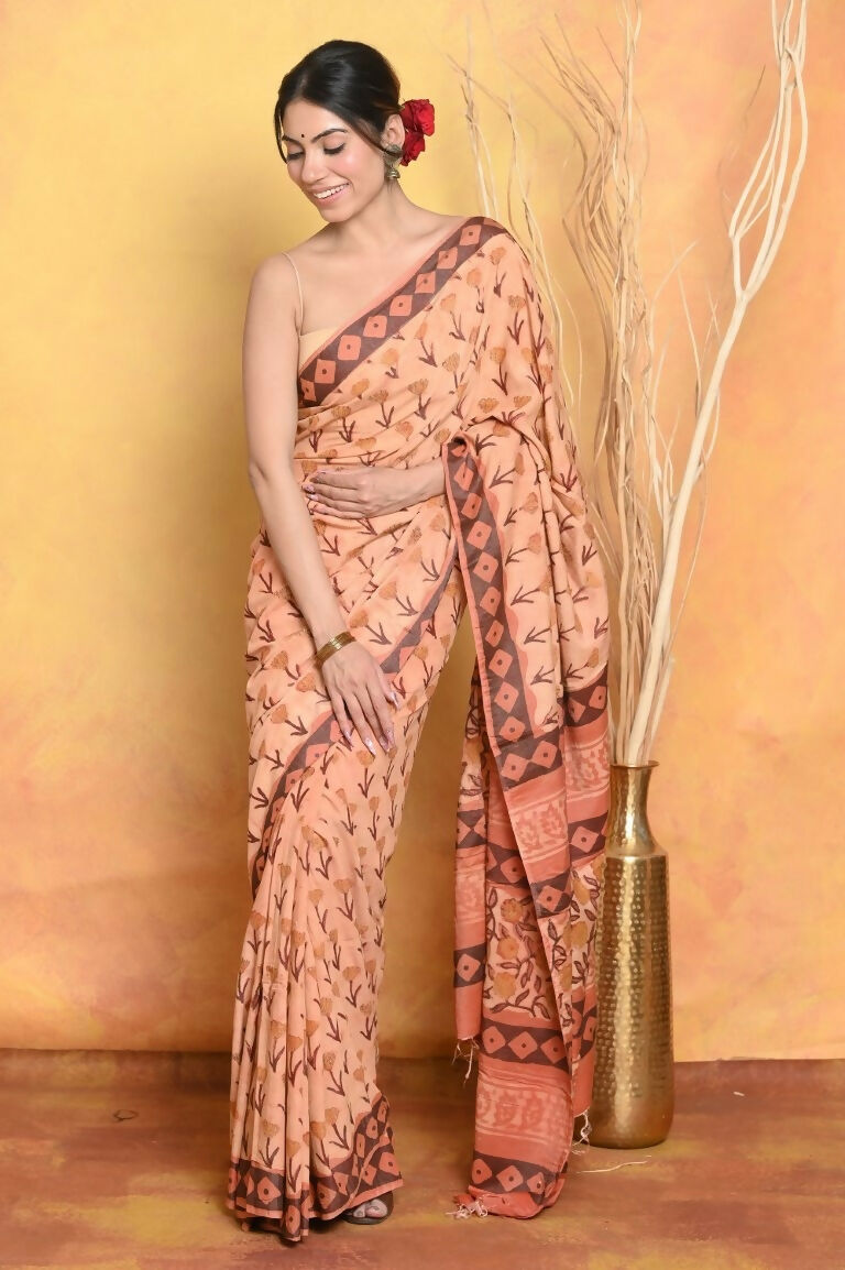 Very Much Indian Designer Modal Silk Saree With With Beautiful Floral Print - Light Orange | Swadesiicart