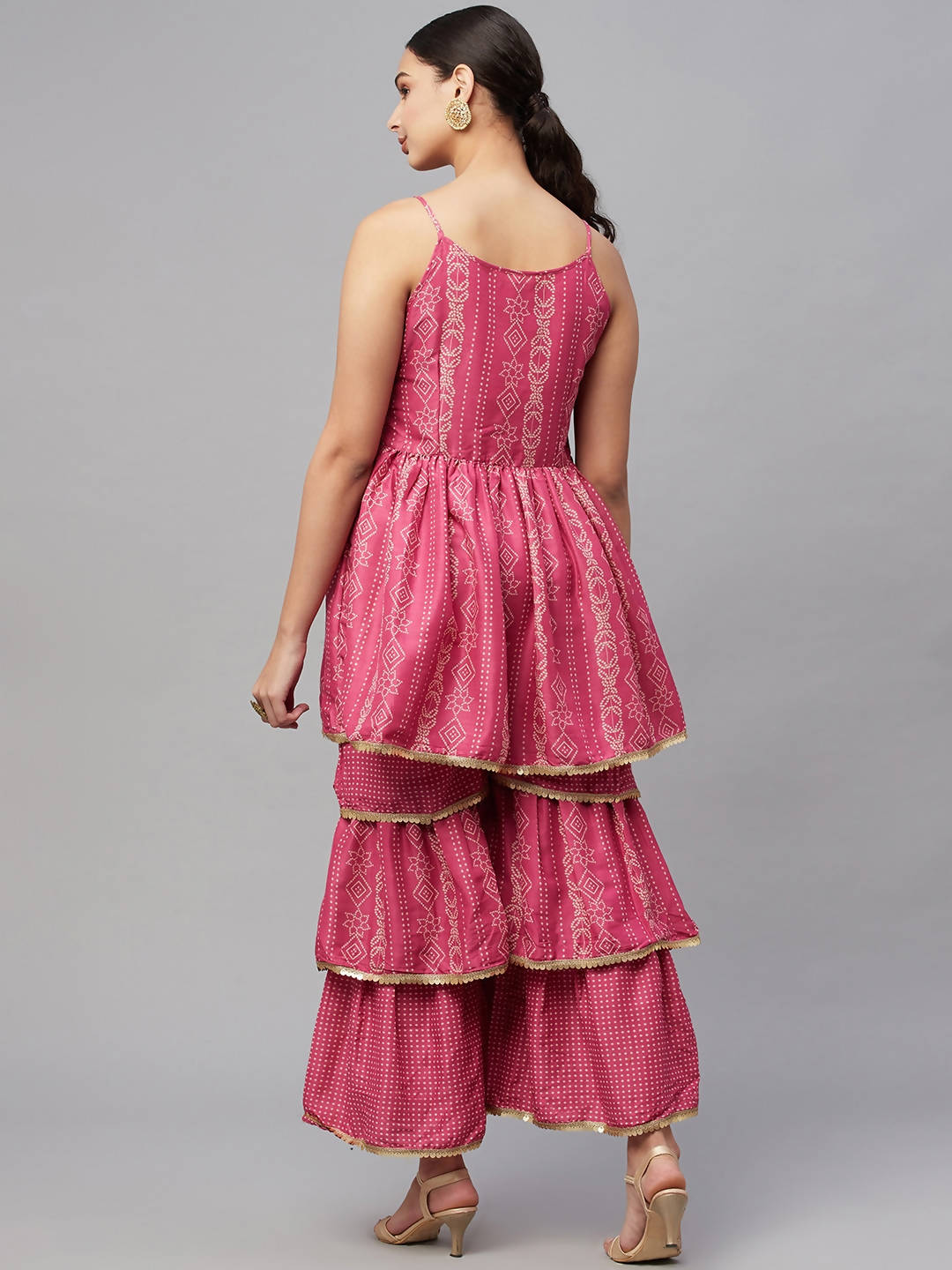 Myshka Pink Printed Sleeveless V Kurti Sharara Set | Swadesiicart