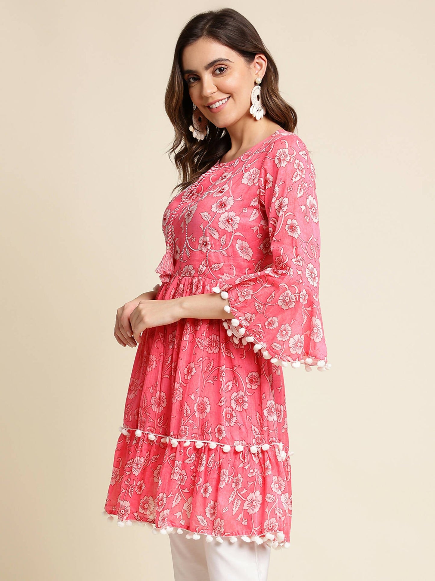 Pink Cotton Floral Printed Top - Himanshi - Swadesiicart