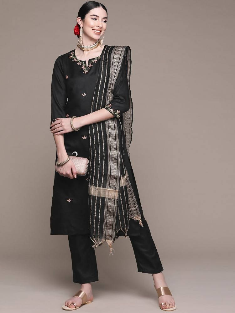 Anubhutee Black Floral Embroidered Thread Work Kurta with Trousers & With Dupatta | Swadesiicart