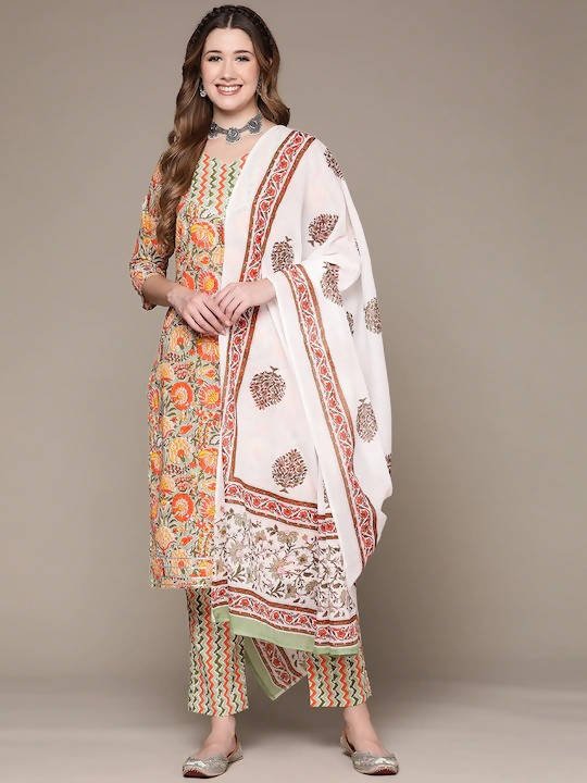 Anubhutee Green Floral Printed Sequinned Pure Cotton Kurta with Trousers & Dupatta | Swadesiicart