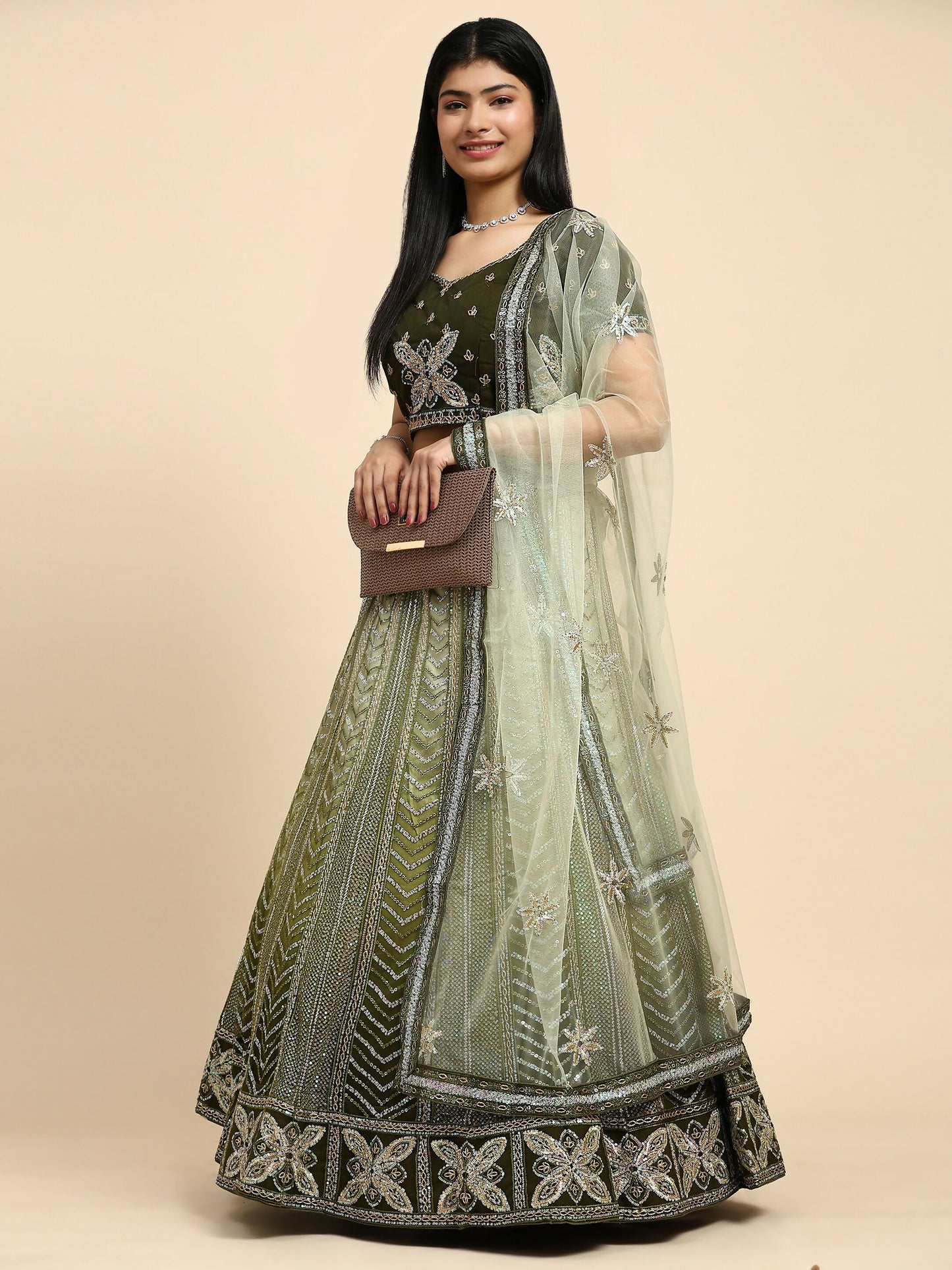 Green Fancy Net Sequence Embroidered Lehenga Choli with Dupatta - Dhara | Swadesiicart