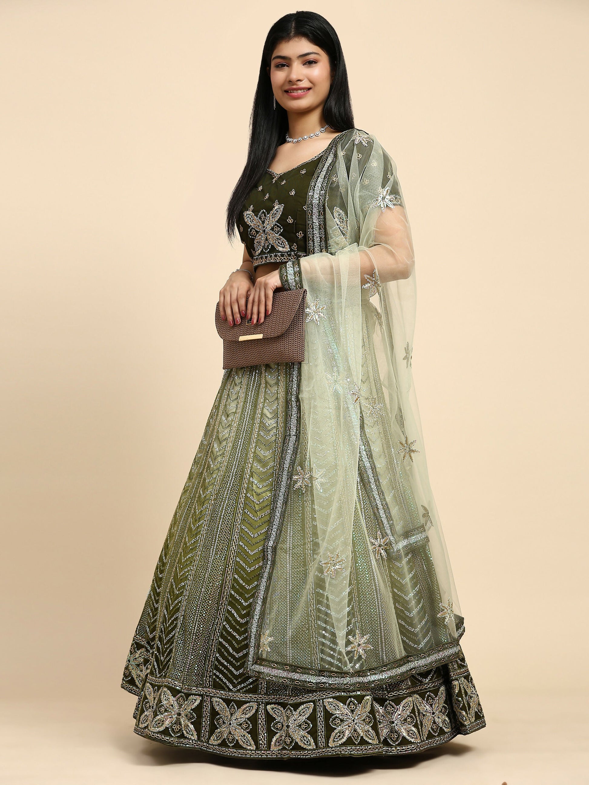 Green Fancy Net Sequence Embroidered Lehenga Choli with Dupatta - Dhara | Swadesiicart