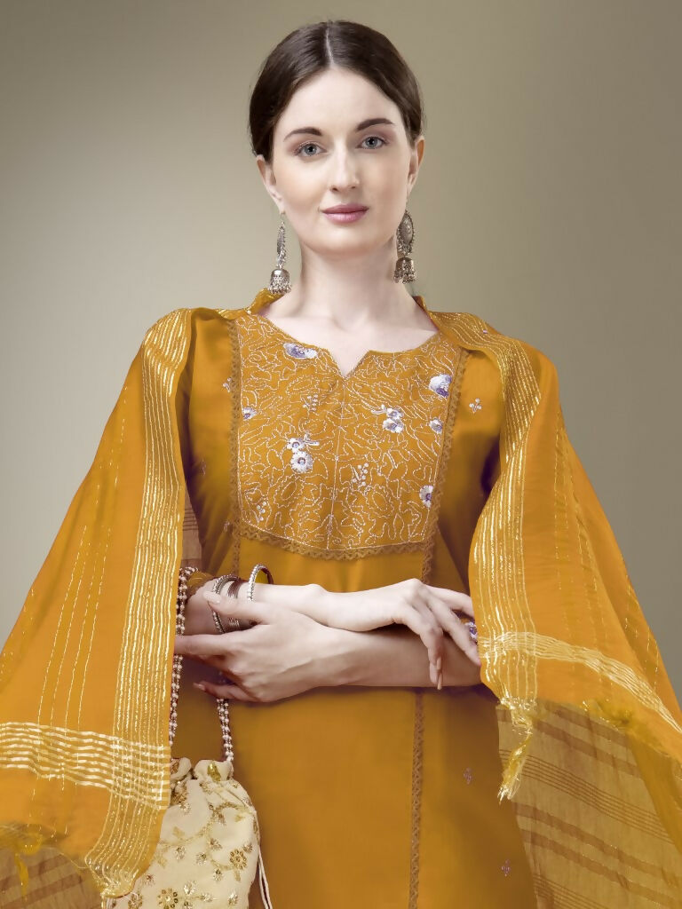Jyoti Fashion Women's Yellow Cotton Blend Embroidery & Fancy Lace work Kurta with Trouser & Dupatta | Swadesiicart