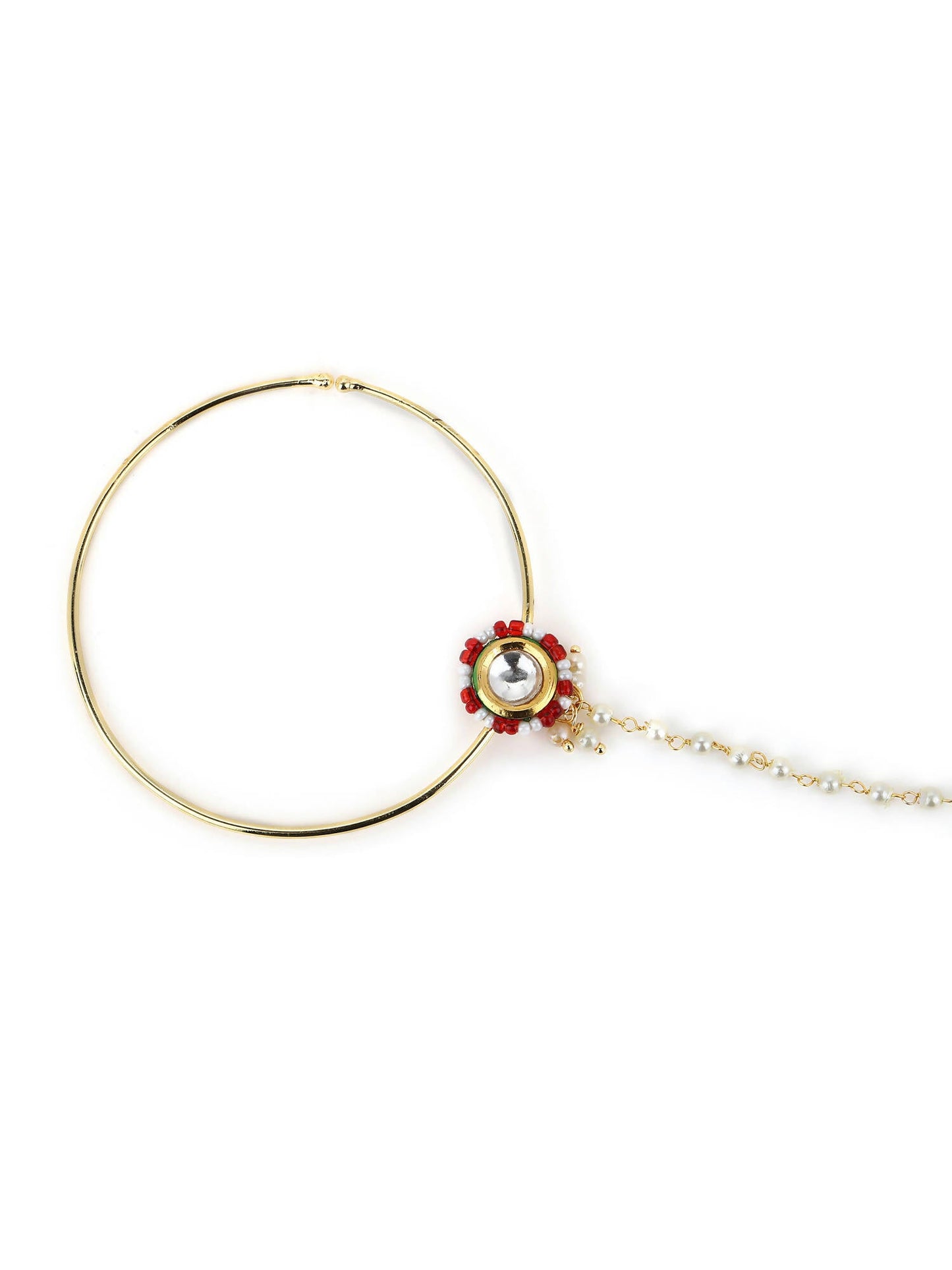 Gold-Pleated Red White Kundan Studded Beaded Chained Nosepin - Ruby Raang | Swadesiicart