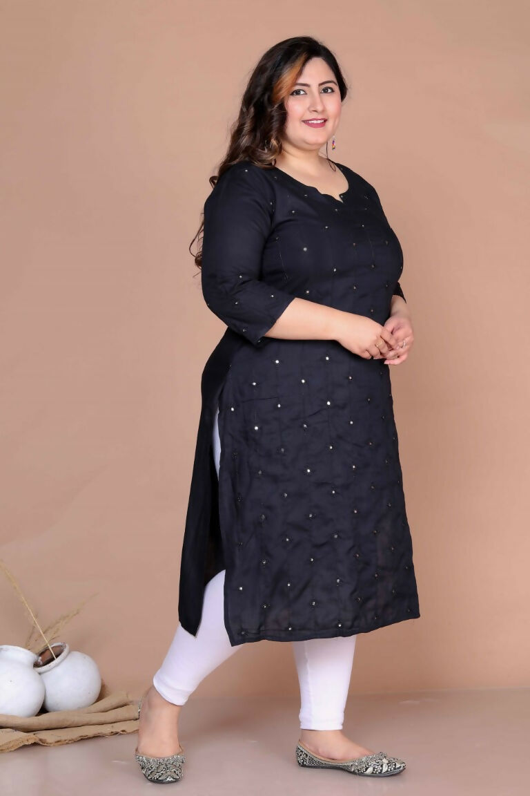 Miravan Women's Plus Size Black Mirror Work Embroidered Pakistani Straight Kurti - Swadesiicart