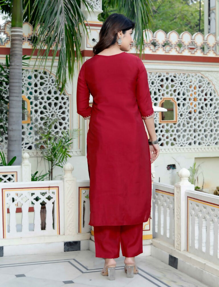 Miravan Women's Embroidered Pure Silk Red Kurta with Palazzo and Dupatta - Swadesiicart