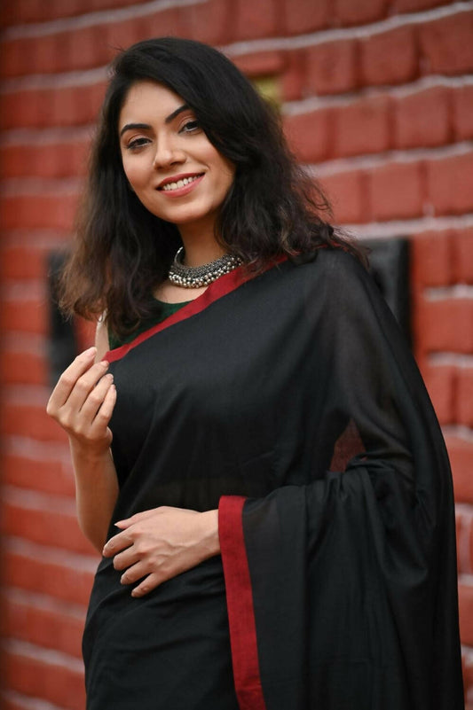 Very Much Indian Pure Cotton Handloom Saree With Intricate Border - Black | Swadesiicart