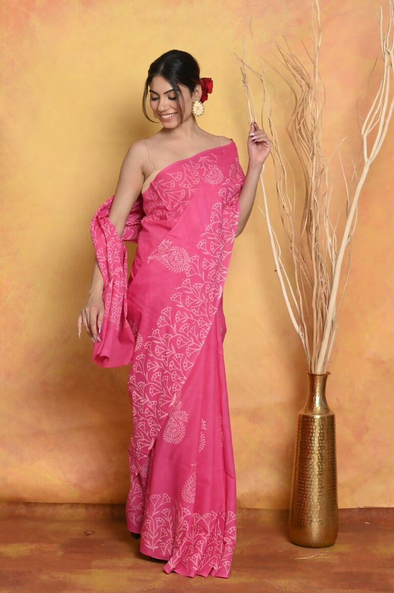 Very Much Indian Handblock Printed Cotton Saree With Natural Dyes - Pink | Swadesiicart