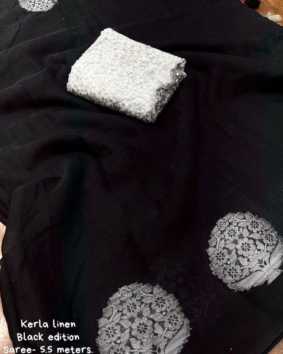 Black Pure Linen Woven Design Saree with Unstitched Blouse - Hiral Fashion | Swadesiicart