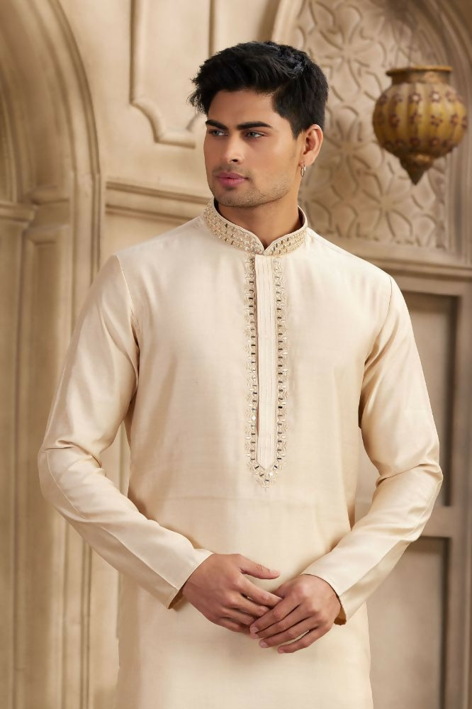 Raivat Ethnic Banarasi Art Silk Mirror Work Kurta Pajama In Beige Colour | Swadesiicart