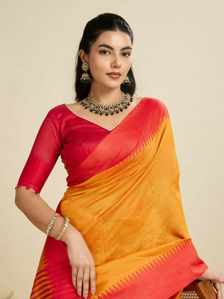 Vishnu Weaves Women's Mustard Raw Silk Thread Woven Saree with Blouse - Swadesiicart
