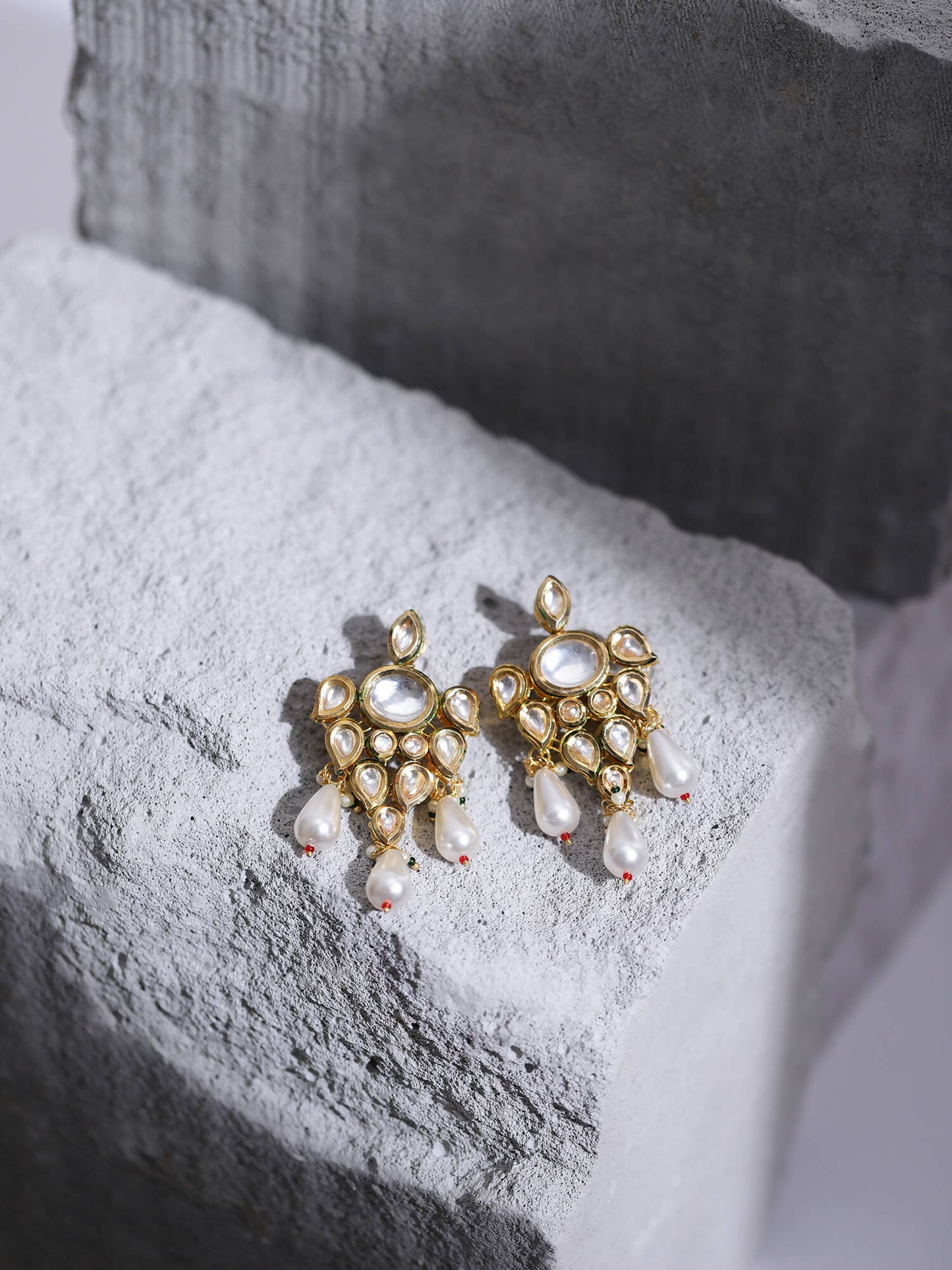 Gold-Toned White Contemporary Gold-Polished Drop Earrings - Ruby Raang | Swadesiicart