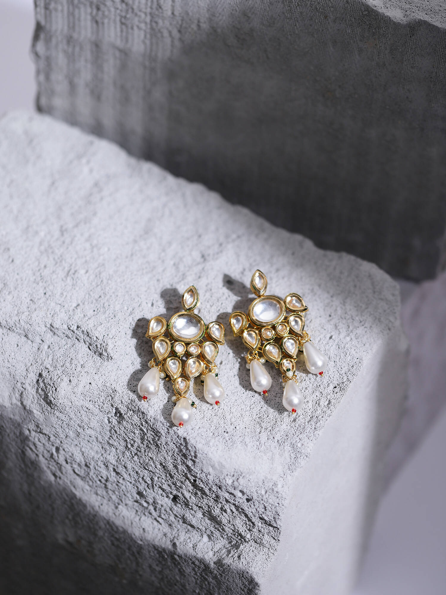Gold-Toned White Contemporary Gold-Polished Drop Earrings - Ruby Raang | Swadesiicart